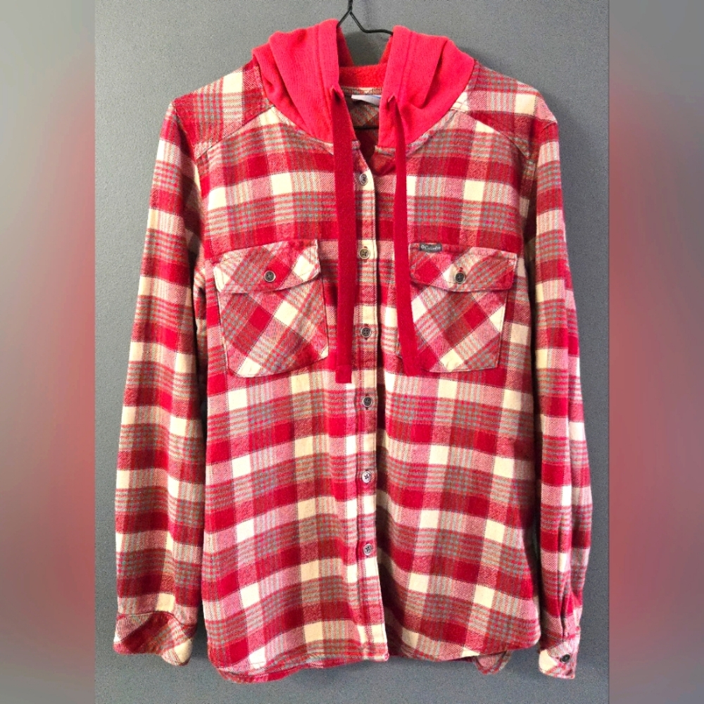 Columbia Red Flannel Hooded Shirt Jacket Womens Lg
